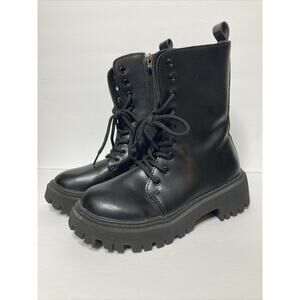 90s Y2K Chunky Lug Sole Boots Size 36 (6) Black Faux Leather Lace Up Zip Side